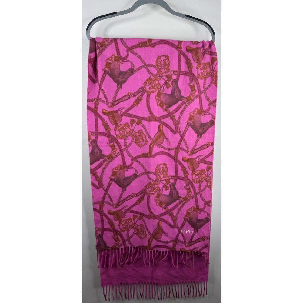Fendi Equestrian Horse Print Fringed Scarf Fuchsia & Brown - Picture 2 of 12
